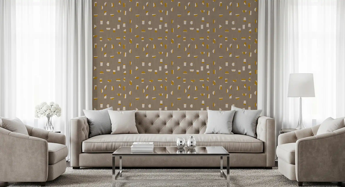 Papier peint à formes abstraites taupe chaud, style mid-century