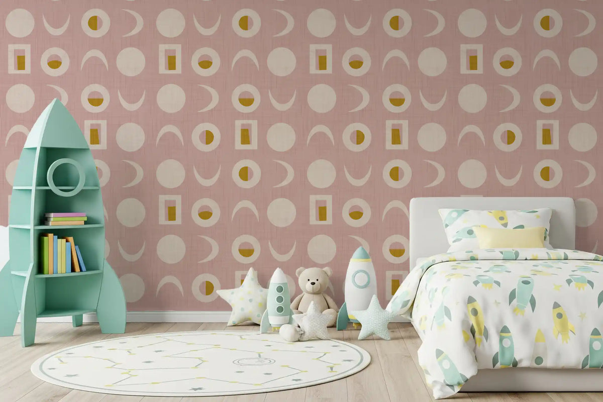 Tapeten mit Mondphasen in Blassrosa, Mid-Century-Stil⁠