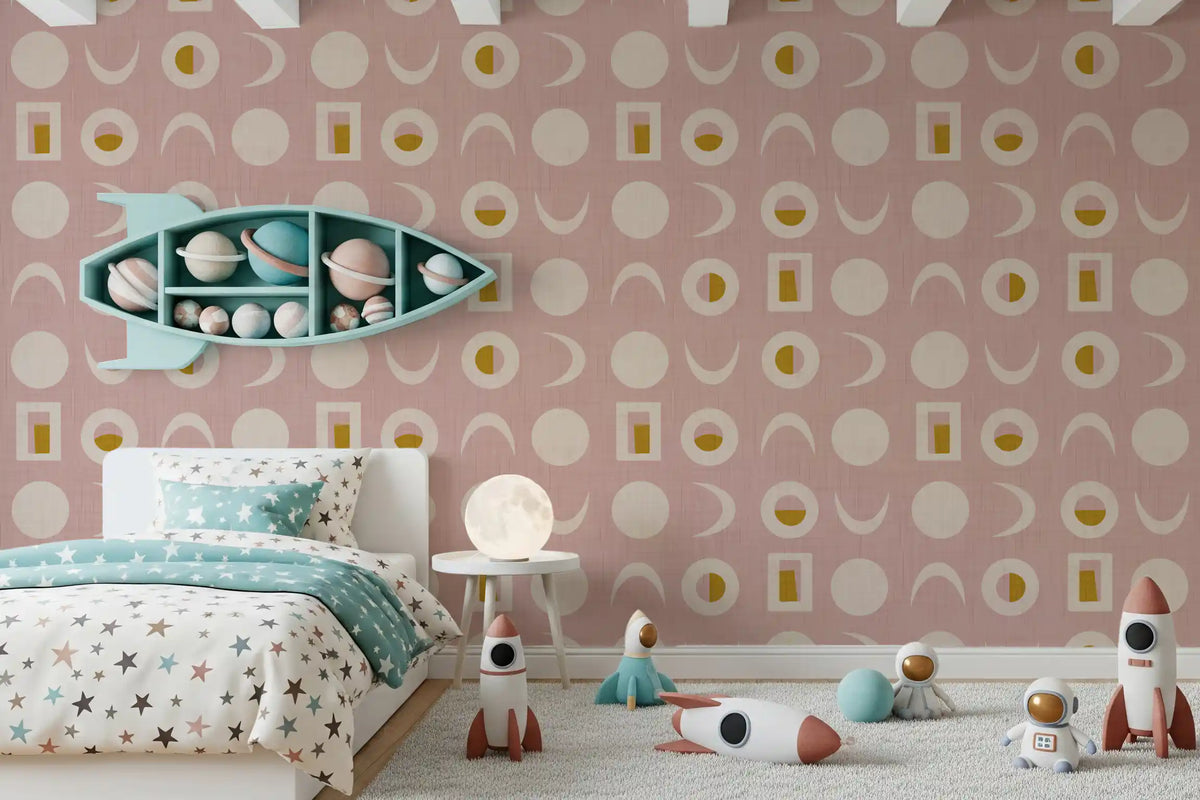 Tapeten mit Mondphasen in Blassrosa, Mid-Century-Stil⁠