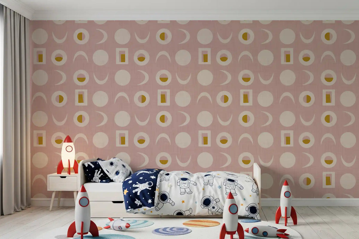Tapeten mit Mondphasen in Blassrosa, Mid-Century-Stil⁠