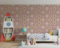 Tapeten mit Mondphasen in Blassrosa, Mid-Century-Stil⁠