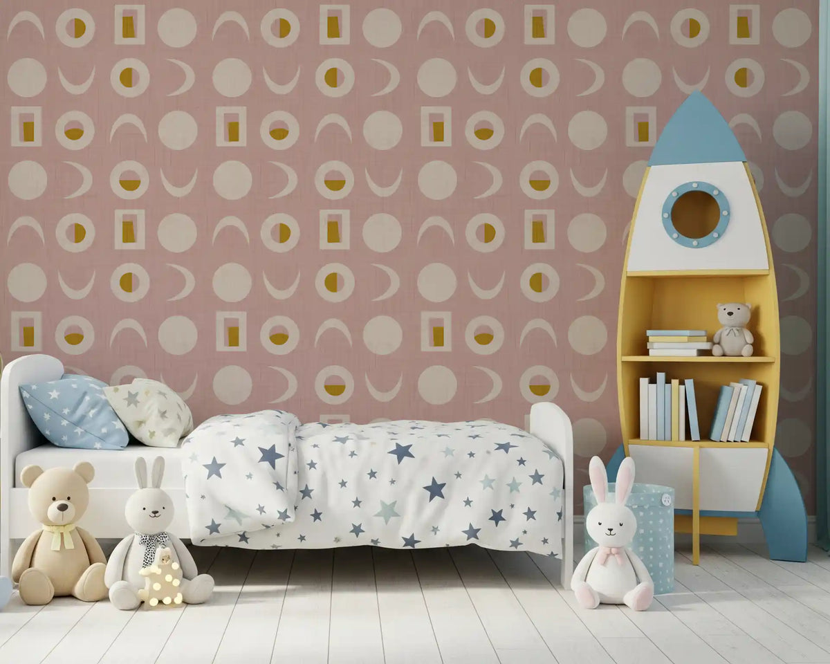 Tapeten mit Mondphasen in Blassrosa, Mid-Century-Stil⁠
