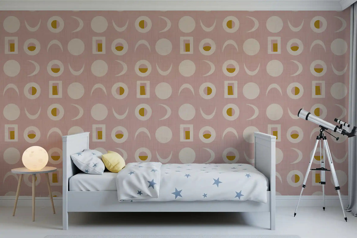 Tapeten mit Mondphasen in Blassrosa, Mid-Century-Stil⁠