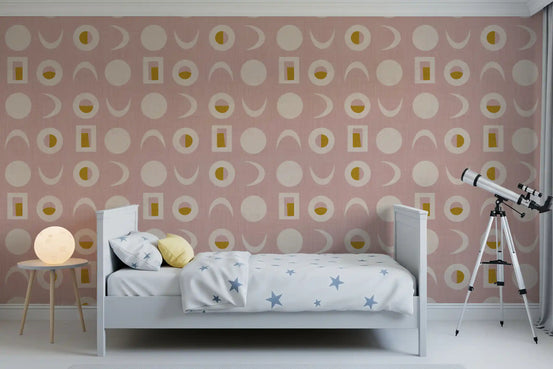 Tapeten mit Mondphasen in Blassrosa, Mid-Century-Stil⁠