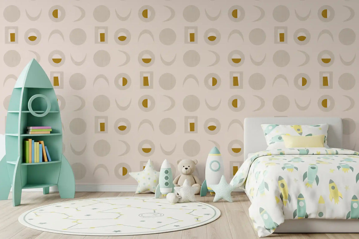 Cremefarbenes senfgelbes Mondphasen-Tapetenmuster im Mid-Century-Stil