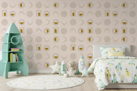 Cremefarbenes senfgelbes Mondphasen-Tapetenmuster im Mid-Century-Stil