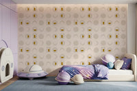 Cremefarbenes senfgelbes Mondphasen-Tapetenmuster im Mid-Century-Stil