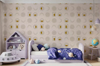 Cremefarbenes senfgelbes Mondphasen-Tapetenmuster im Mid-Century-Stil