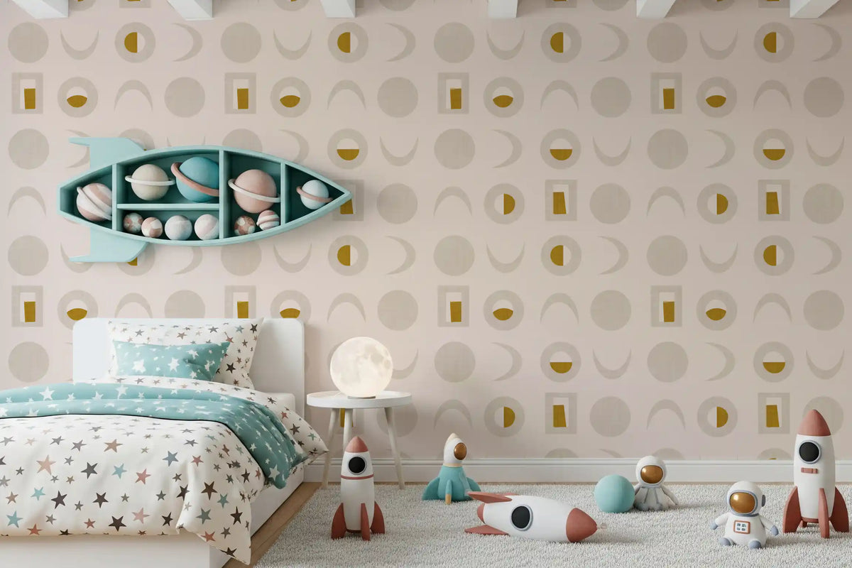 Cremefarbenes senfgelbes Mondphasen-Tapetenmuster im Mid-Century-Stil