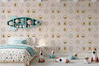Cremefarbenes senfgelbes Mondphasen-Tapetenmuster im Mid-Century-Stil