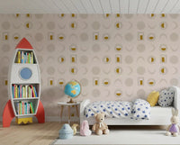 Cremefarbenes senfgelbes Mondphasen-Tapetenmuster im Mid-Century-Stil
