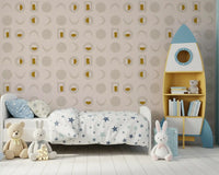 Cremefarbenes senfgelbes Mondphasen-Tapetenmuster im Mid-Century-Stil