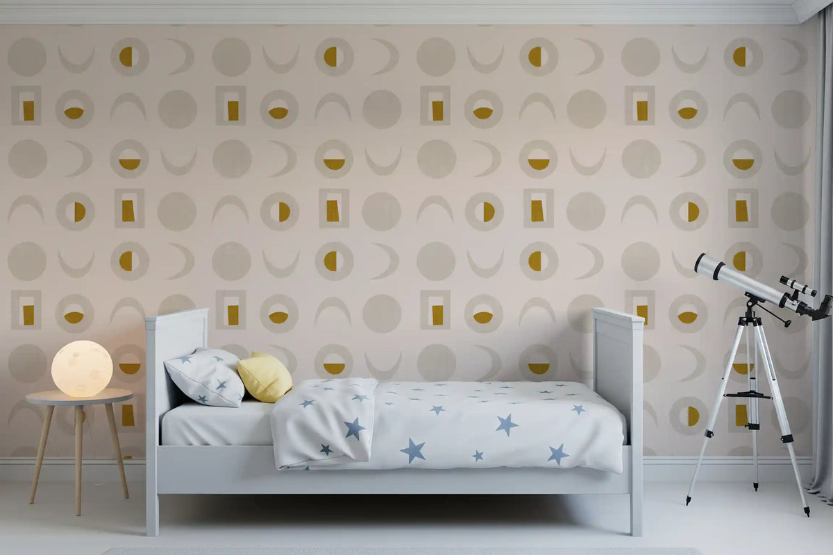 Cremefarbenes senfgelbes Mondphasen-Tapetenmuster im Mid-Century-Stil