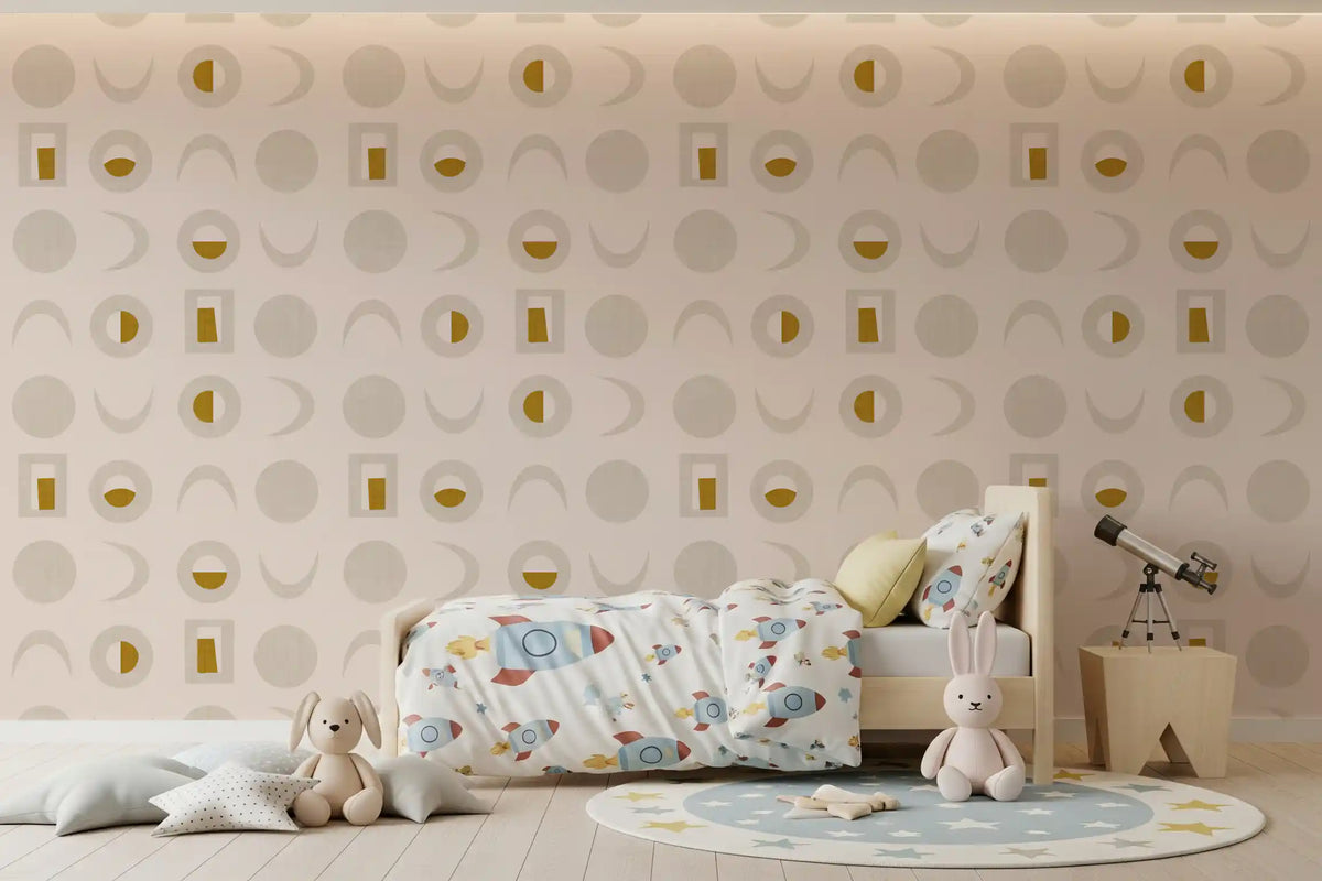 Cremefarbenes senfgelbes Mondphasen-Tapetenmuster im Mid-Century-Stil
