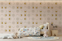 Cremefarbenes senfgelbes Mondphasen-Tapetenmuster im Mid-Century-Stil