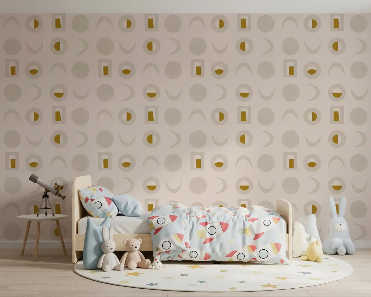 Cremefarbenes senfgelbes Mondphasen-Tapetenmuster im Mid-Century-Stil