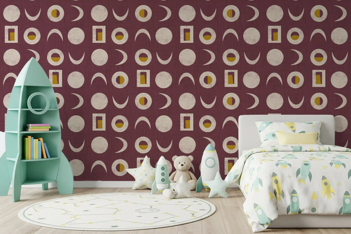 Papier peint phases de lune bordeaux, style mid-century