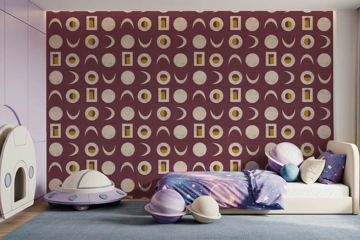 Papier peint phases de lune bordeaux, style mid-century
