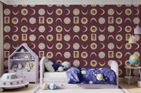 Papier peint phases de lune bordeaux, style mid-century