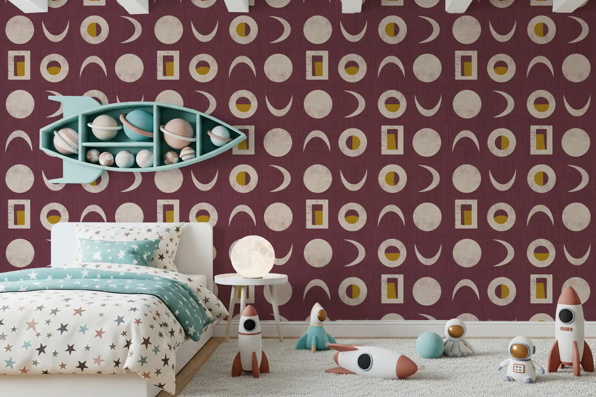 Papier peint phases de lune bordeaux, style mid-century
