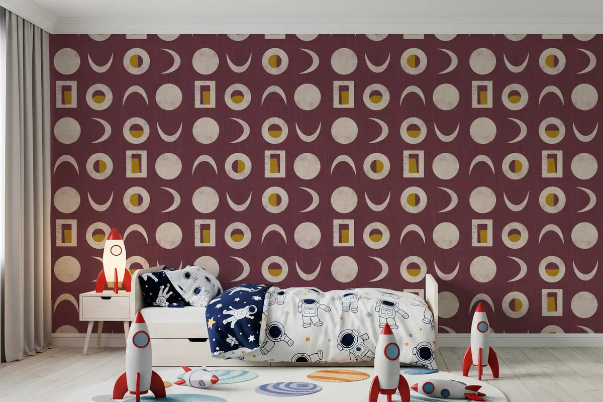 Papier peint phases de lune bordeaux, style mid-century