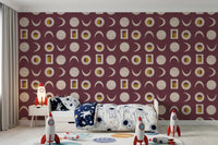 Papier peint phases de lune bordeaux, style mid-century