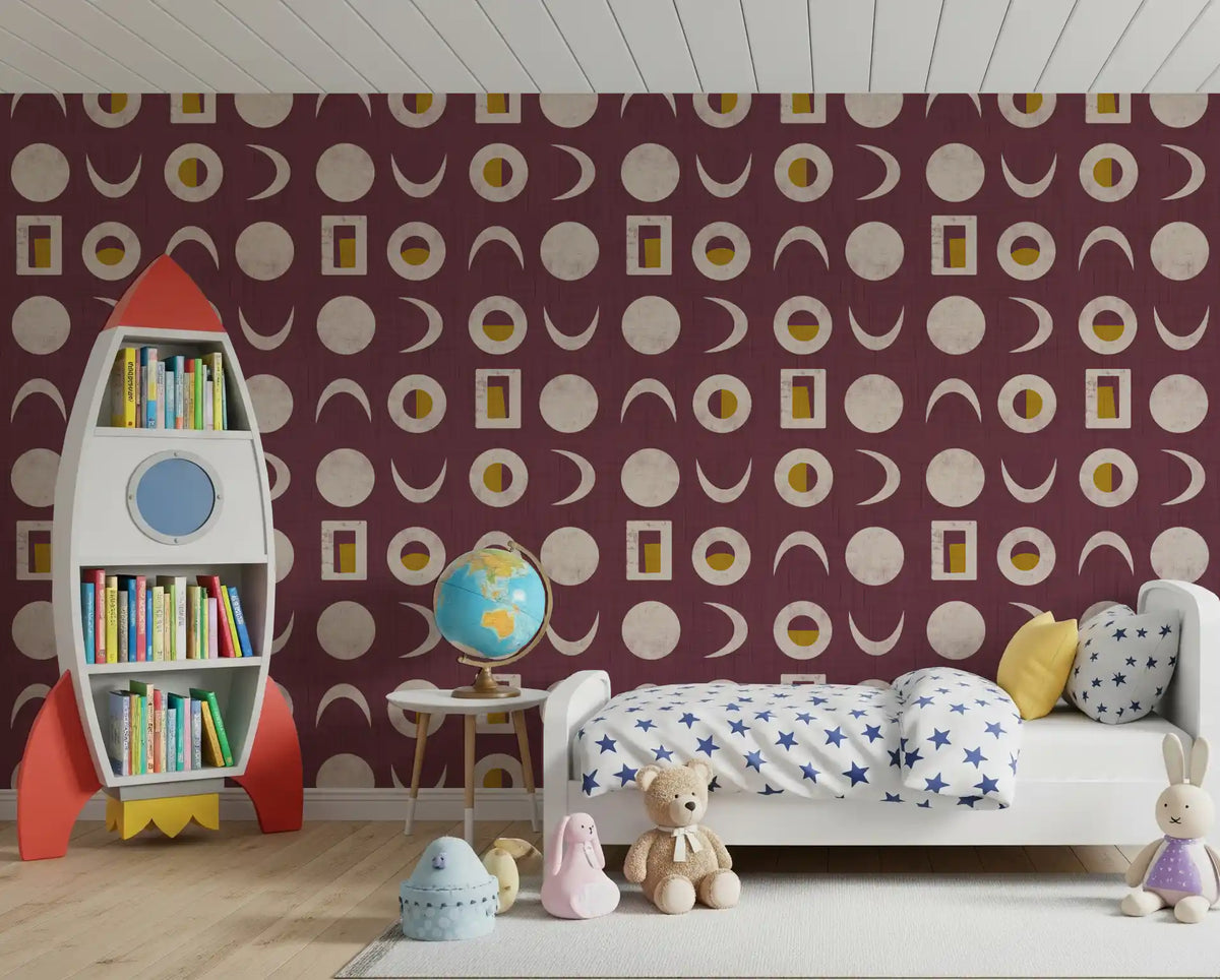 Papier peint phases de lune bordeaux, style mid-century