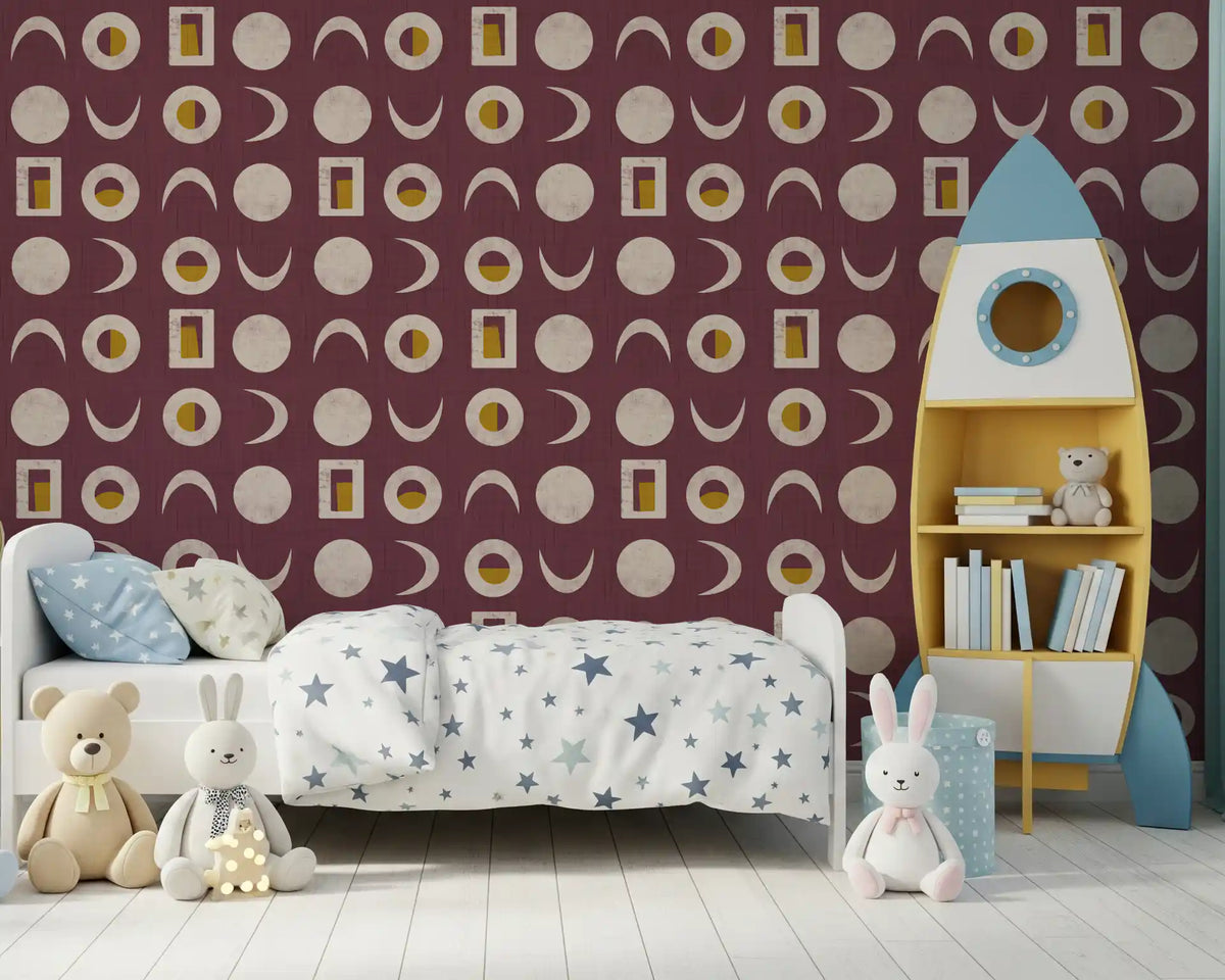 Papier peint phases de lune bordeaux, style mid-century