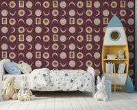 Papier peint phases de lune bordeaux, style mid-century