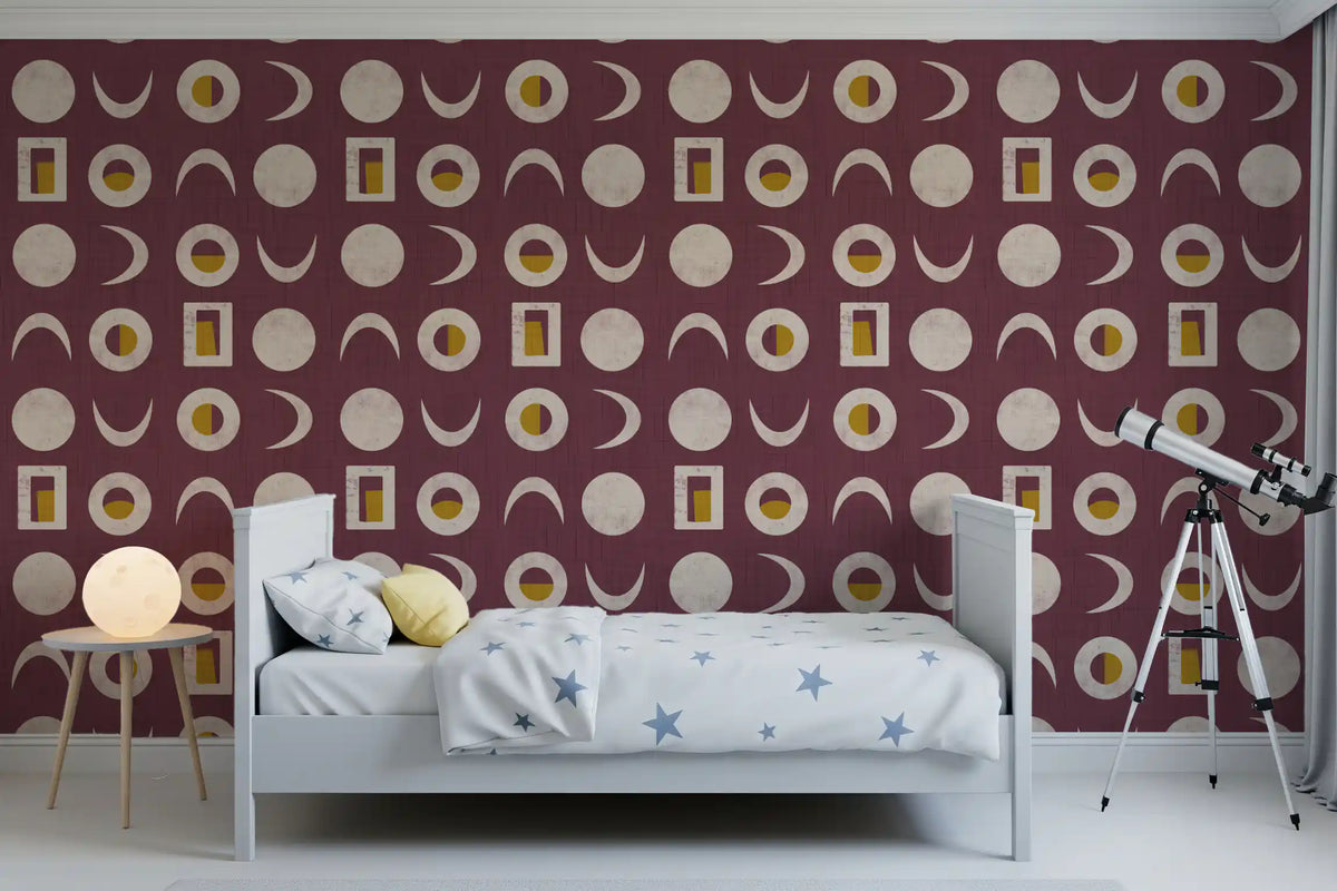 Papier peint phases de lune bordeaux, style mid-century