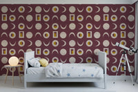 Papier peint phases de lune bordeaux, style mid-century