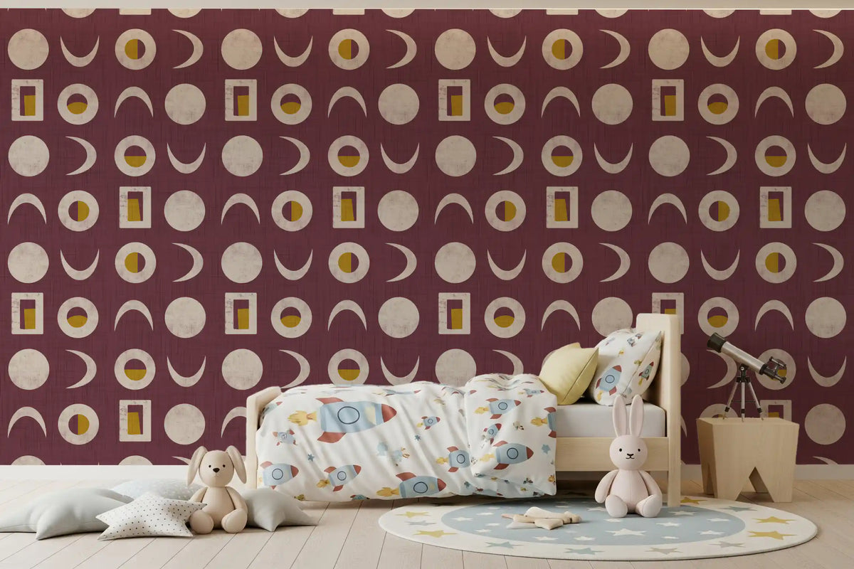 Papier peint phases de lune bordeaux, style mid-century