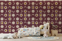 Papier peint phases de lune bordeaux, style mid-century