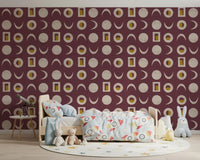 Papier peint phases de lune bordeaux, style mid-century