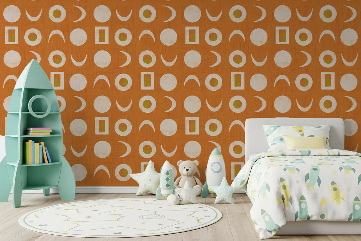 Rostorangefarbenes Mondphasen-Tapetenmuster im Mid-Century-Stil