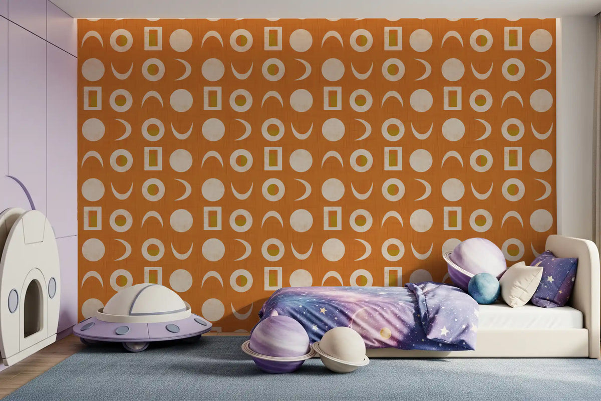 Rostorangefarbenes Mondphasen-Tapetenmuster im Mid-Century-Stil