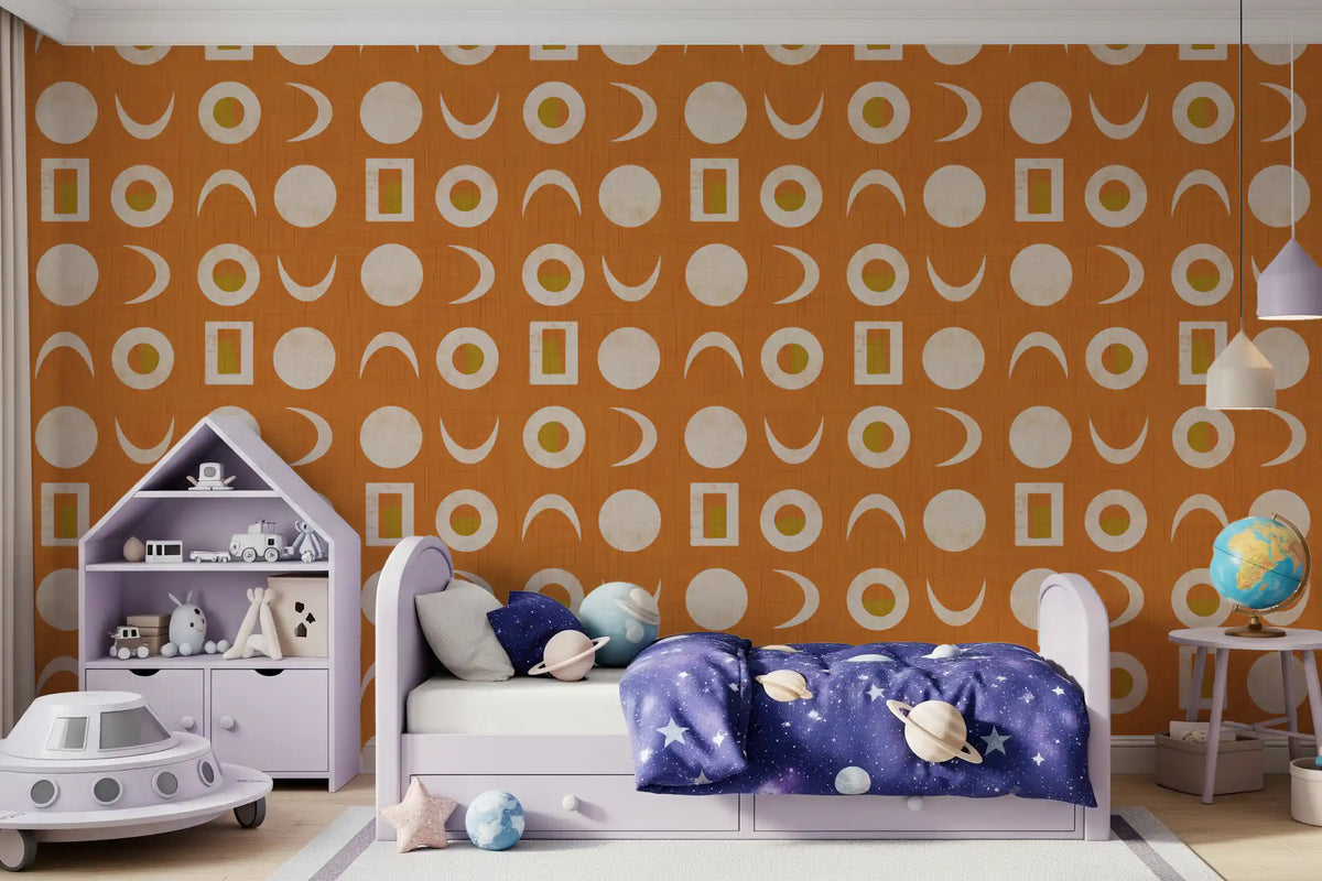 Rostorangefarbenes Mondphasen-Tapetenmuster im Mid-Century-Stil