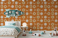 Rostorangefarbenes Mondphasen-Tapetenmuster im Mid-Century-Stil