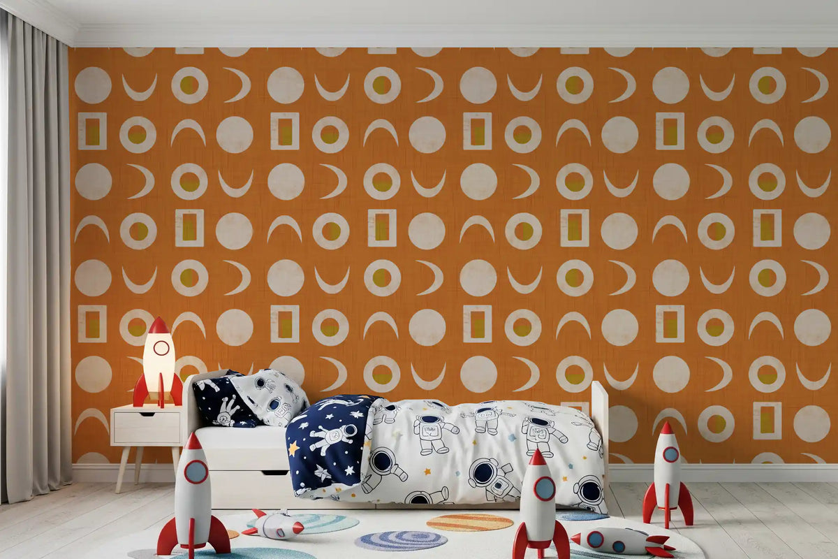Rostorangefarbenes Mondphasen-Tapetenmuster im Mid-Century-Stil