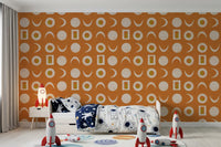 Rostorangefarbenes Mondphasen-Tapetenmuster im Mid-Century-Stil
