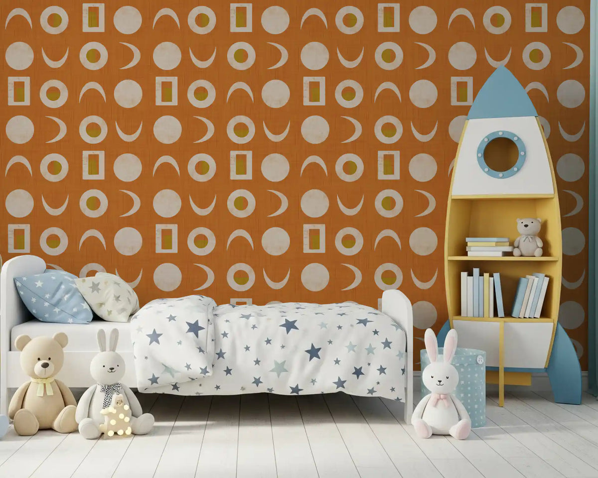 Rostorangefarbenes Mondphasen-Tapetenmuster im Mid-Century-Stil