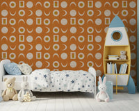 Rostorangefarbenes Mondphasen-Tapetenmuster im Mid-Century-Stil