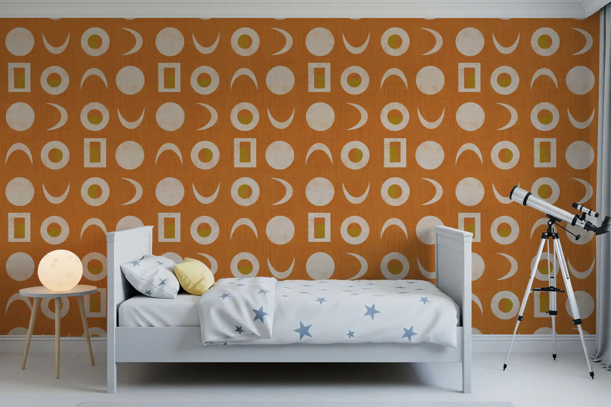 Rostorangefarbenes Mondphasen-Tapetenmuster im Mid-Century-Stil