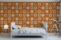 Rostorangefarbenes Mondphasen-Tapetenmuster im Mid-Century-Stil