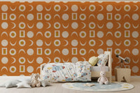 Rostorangefarbenes Mondphasen-Tapetenmuster im Mid-Century-Stil