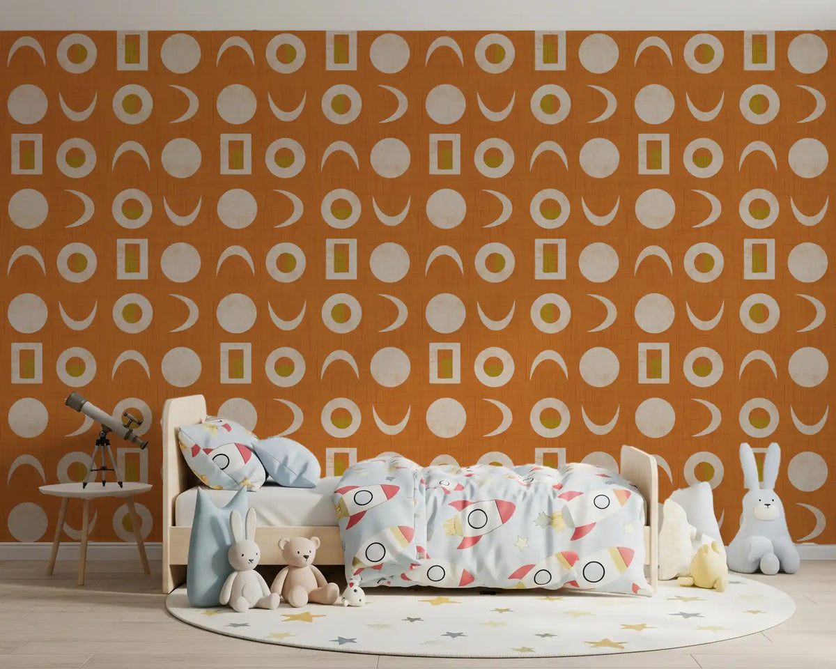 Rostorangefarbenes Mondphasen-Tapetenmuster im Mid-Century-Stil