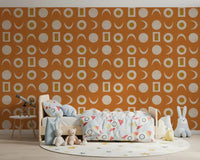 Rostorangefarbenes Mondphasen-Tapetenmuster im Mid-Century-Stil