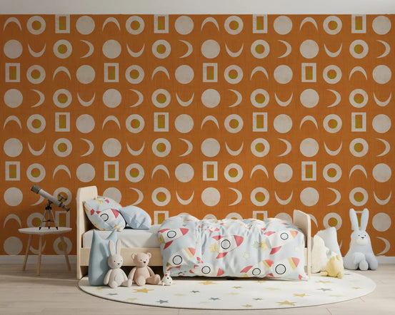 Rostorangefarbenes Mondphasen-Tapetenmuster im Mid-Century-Stil