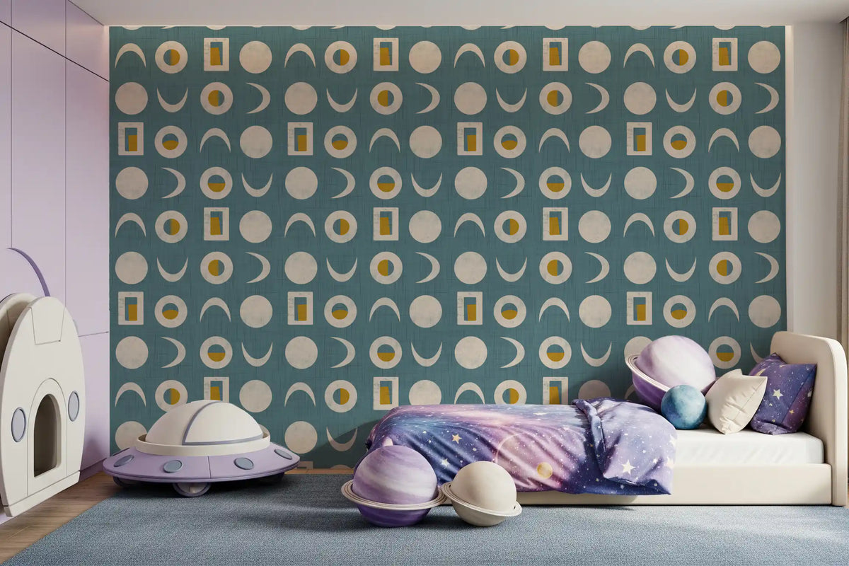 Dusty Teal Moon Phase Wallpaper Mid Century Wallpaper⁠