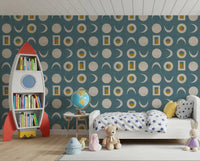 Dusty Teal Moon Phase Wallpaper Mid Century Wallpaper⁠